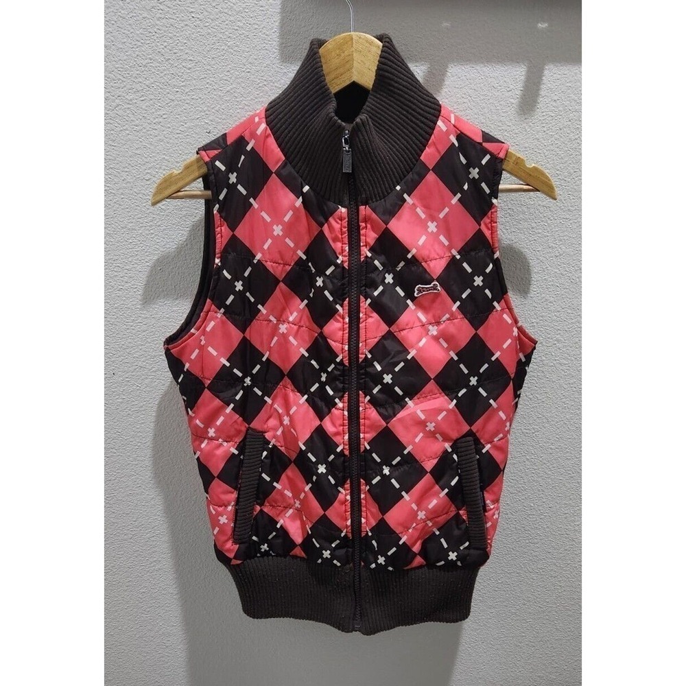 Vintage Le Tigre Women Reversible‎ Puffer Vest Pink Argyle Y2K Mock Neck M